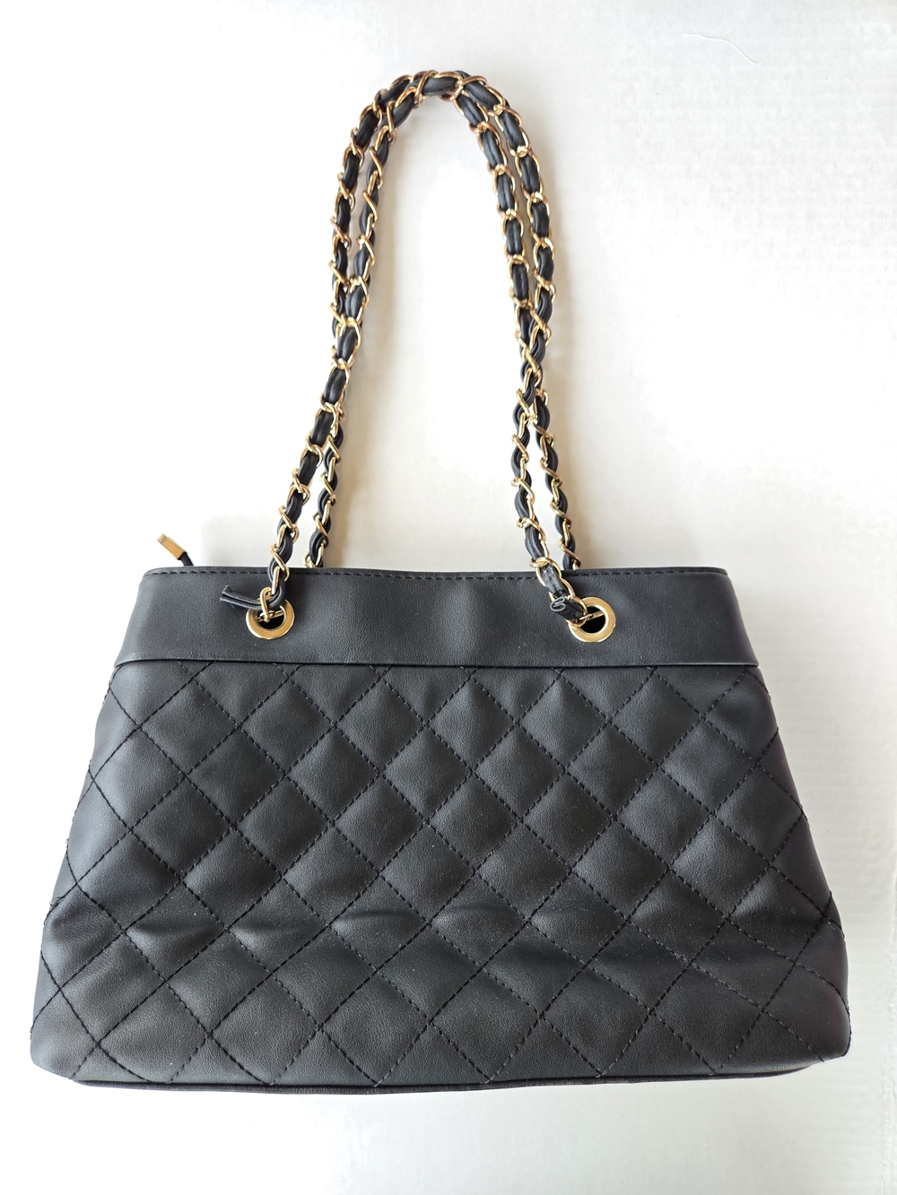 Vintage-Style Black Quilted Faux Leather Chain Shoulder Bag Tote